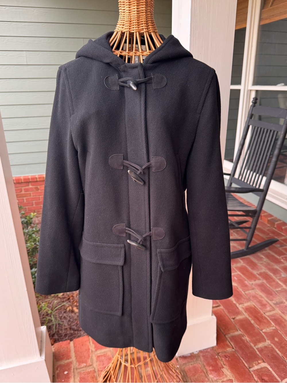 Vintage Y2K Talbots Italian Wool Duffle Toggle Hooded Coat Black Size 4